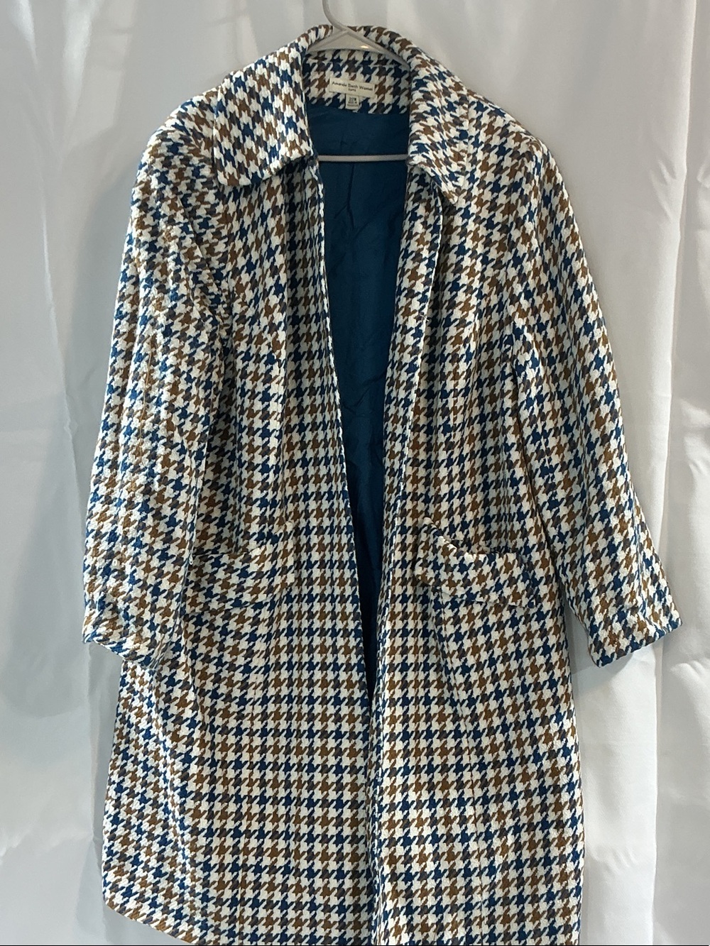 Amanda Smith Houndstooth Pea Coat — Blue, Brown, White